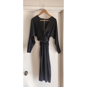 ASOS DESIGN Black Satin Midi Dress Long Sleeve Wrap Tie Cocktail Party‎ Sz 4